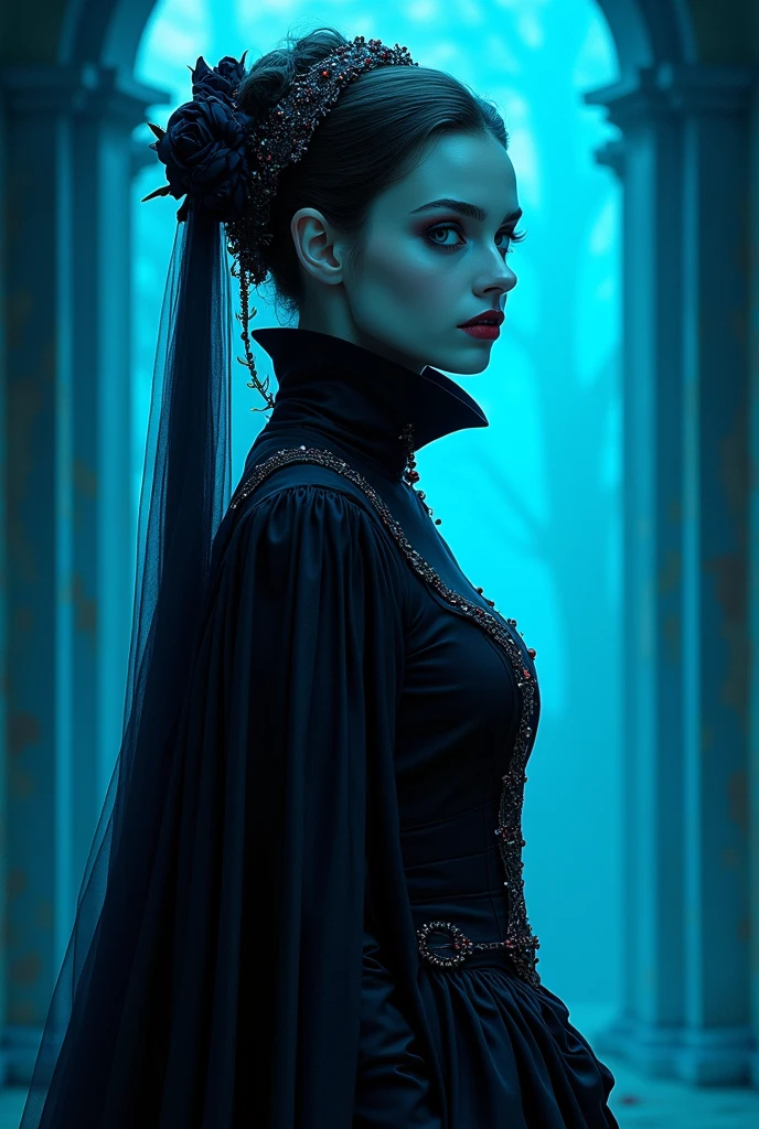 The best gothic wallpaper for cell phone, award-winning wallpaper, realistic portrait photography, in the front view there is a gothic portrait of a vampire woman, dressed in the fashion of medieval times, side view photo, taken with Canon EOS R5, establishes a strong contrast that accentuates the theme, Fluorescent blue tone, Wearing a very modern coat from the 60s, Clothes all in one color, beautiful background. professional drawing Beautiful woman gothic culture style portrait vampire gothic scene, impressionism drawing, comic style, long drawing, realistic portrait size wall painting