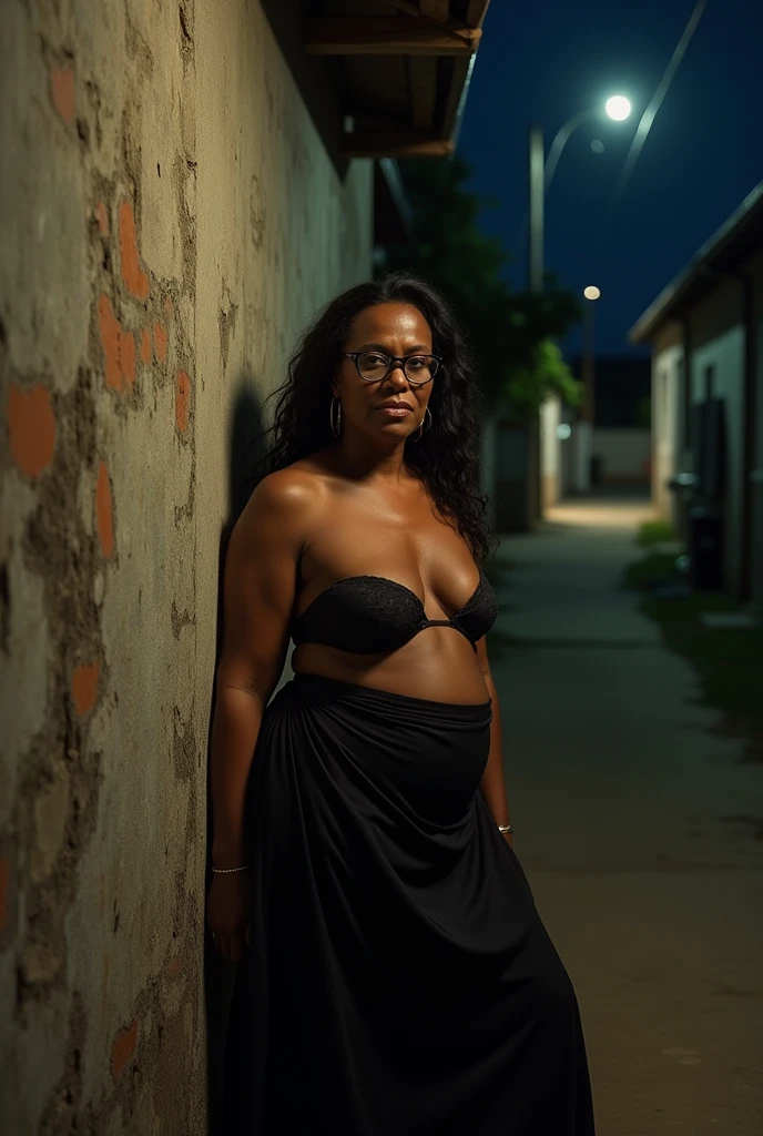 A beautiful 65-year-old woman, black woman with long hair and a face with a strong facial expression and expression marks, nose and chin prominence,thin body weighing about 50 kilos, 167 tall, of prescription glasses, with large, sagging, and bare breasts wearing a long black Brazilian skirt is being captured standing leaning against the wall of a humble house on a deserted street., with poor lighting and precarious naked at night.