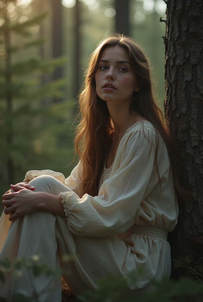 long light brown hair, beautiful Slavic woman with white skin and light transparent eyes, long hair, dressed in a black stylish suit, sits in a spruce forest on felled trees, early morning, the courtyard of a rural house, the sun's rays and glare fall on her coldly smiling face., enhancing the depth and mystery. Captured in a studio with a Nikon Z7 and a 50mm f/1.8 lens, the image focuses on the interplay of light and shadow with a melancholic and dreamy atmosphere., (((dynamic model pose))), full body, mesmerizing, dynamic, dramatic, dynamic pose, highly detailed skin with hair, subcutaneous veins, light and shadow play, highly detailed,24mm photograph, bokeh, professional, 4k,