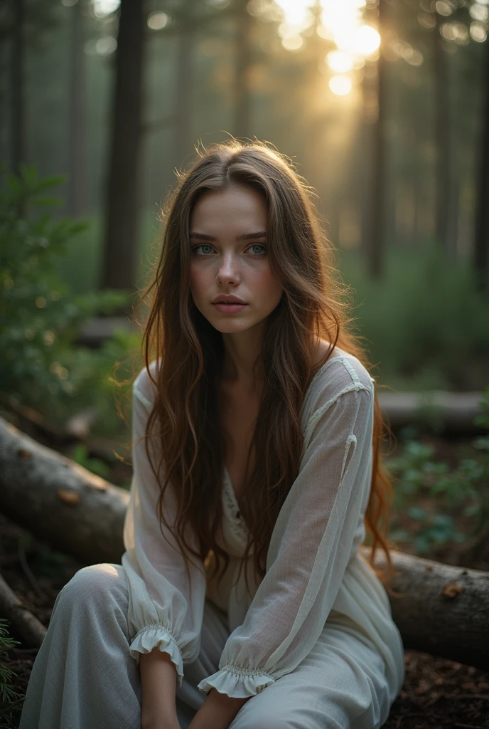 long light brown hair, beautiful Slavic woman with white skin and light transparent eyes, long hair, dressed in a black stylish suit, sits in a spruce forest on felled trees, early morning, the courtyard of a rural house, the sun's rays and glare fall on her coldly smiling face., enhancing the depth and mystery. Captured in a studio with a Nikon Z7 and a 50mm f/1.8 lens, the image focuses on the interplay of light and shadow with a melancholic and dreamy atmosphere., (((dynamic model pose))), full body, mesmerizing, dynamic, dramatic, dynamic pose, highly detailed skin with hair, subcutaneous veins, light and shadow play, highly detailed,24mm photograph, bokeh, professional, 4k,