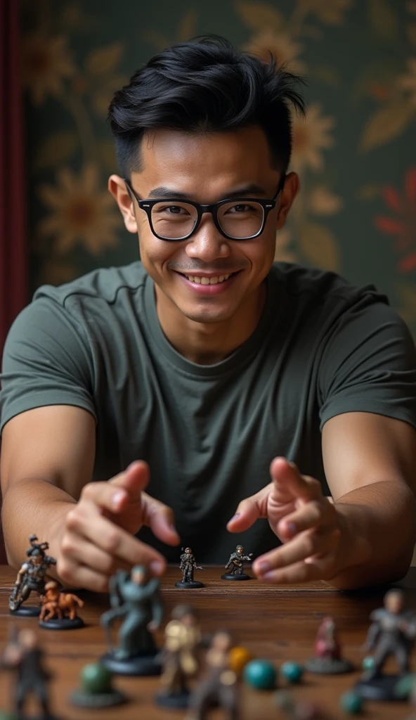 photorealistic, best quality, masterpiece, extremely detailed, front view, extremely handsome, 30 year old indonesian man, muscular build, no facial hair, small glasses, wearing nerdy tshirt, huge smile, dramatically throws dice while standing, painted warhammer miniatures on the table, extremely romantic atmosphere, perfect face, perfect fingers, perfect hands, perfection