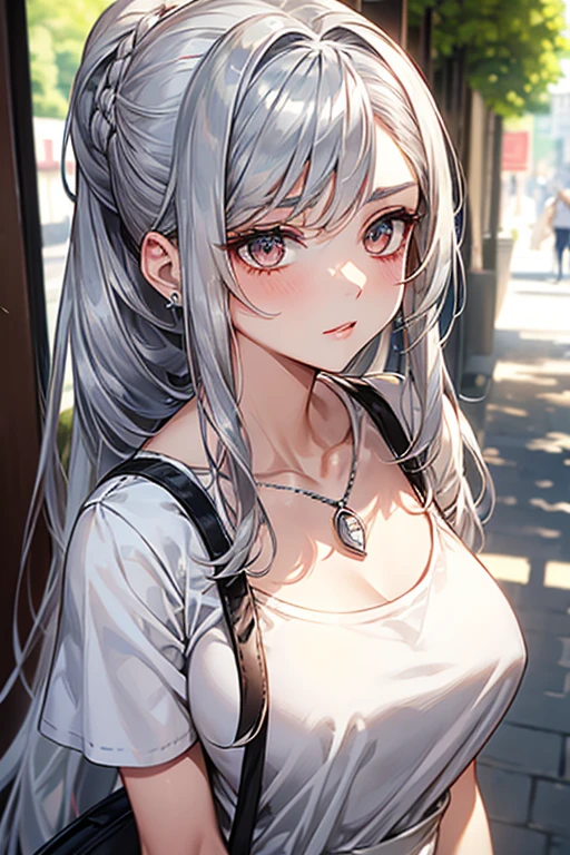High-quality, ultra-realistic portraits。She has a face that is both cute and pure.、((It has a rounded and gentle contour))。(Eyes are large、Her clear eyes are distinctive、The nose is small and well-formed。Lips in natural color、Modest thickness)。The skin is transparent、Has a healthy glow。Makeup is natural、She uses thin foundation and subtle lip color.。(Silver Hair、Long Hair、Chignon:1.6)、((Big Breasts、Glamorous figure))、clothing:
- White cotton T-shirt
- Denim shorts
- White sneakers
Accessories:
- A simple silver necklace - Small silver stud earrings - Beige canvas tote bag background:
Cafe terrace in the city、Bright sunshine。The lighting is soft and natural.、Accentuating facial features、Does not emphasize shadows。