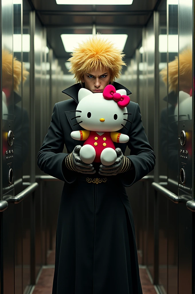 Dio brando in a elevator holding a hello kitty plush in a fish lens