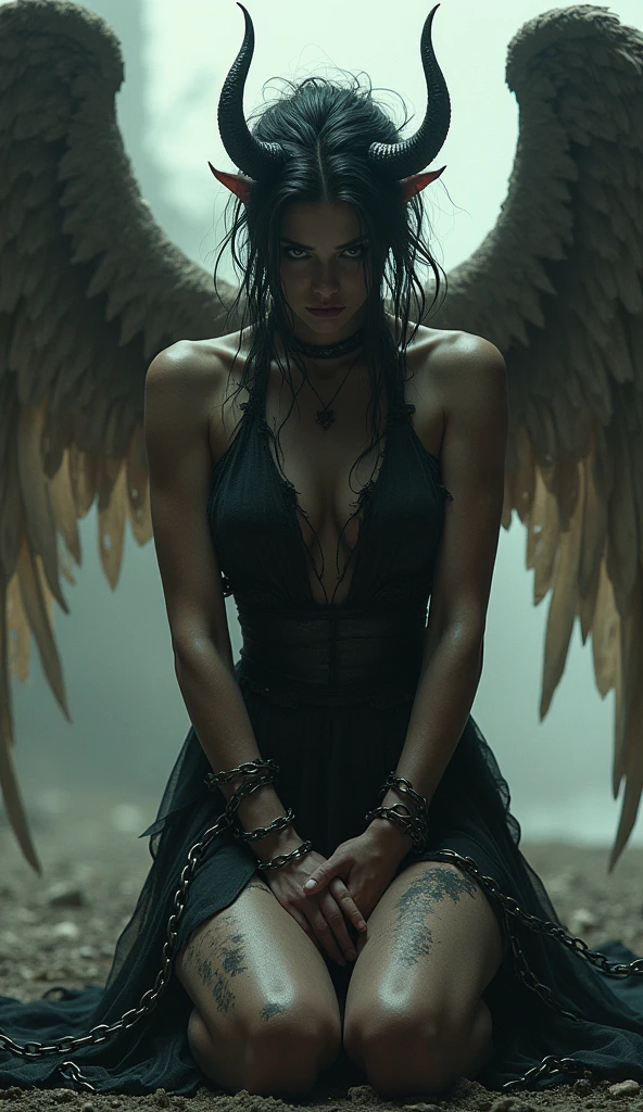 A beautiful devil captured by the angel army。Torn clothing。Disheveled Hair。Bound in chains。Kneeling。