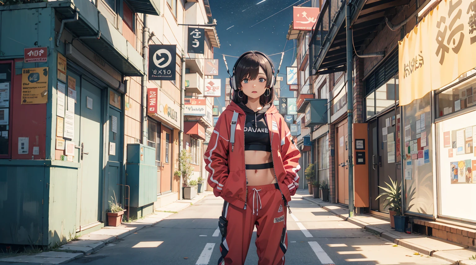 (best quality), ((masterpiece)), (highres), illustration, original, extremely detailed, 1girl, headphones, solo, hands in pockets, sky background, midriff, pants, blue eyes, hair over one eye, simple background, shoes, black hair, long hair, hood, full body, red jacket, looking at viewer, hoodie, sneakers, hoop earrings, crop top, red pants, standing, jacket, baggy pants, dark-skinned female, breasts, closed mouth，night Sky, night, road ,