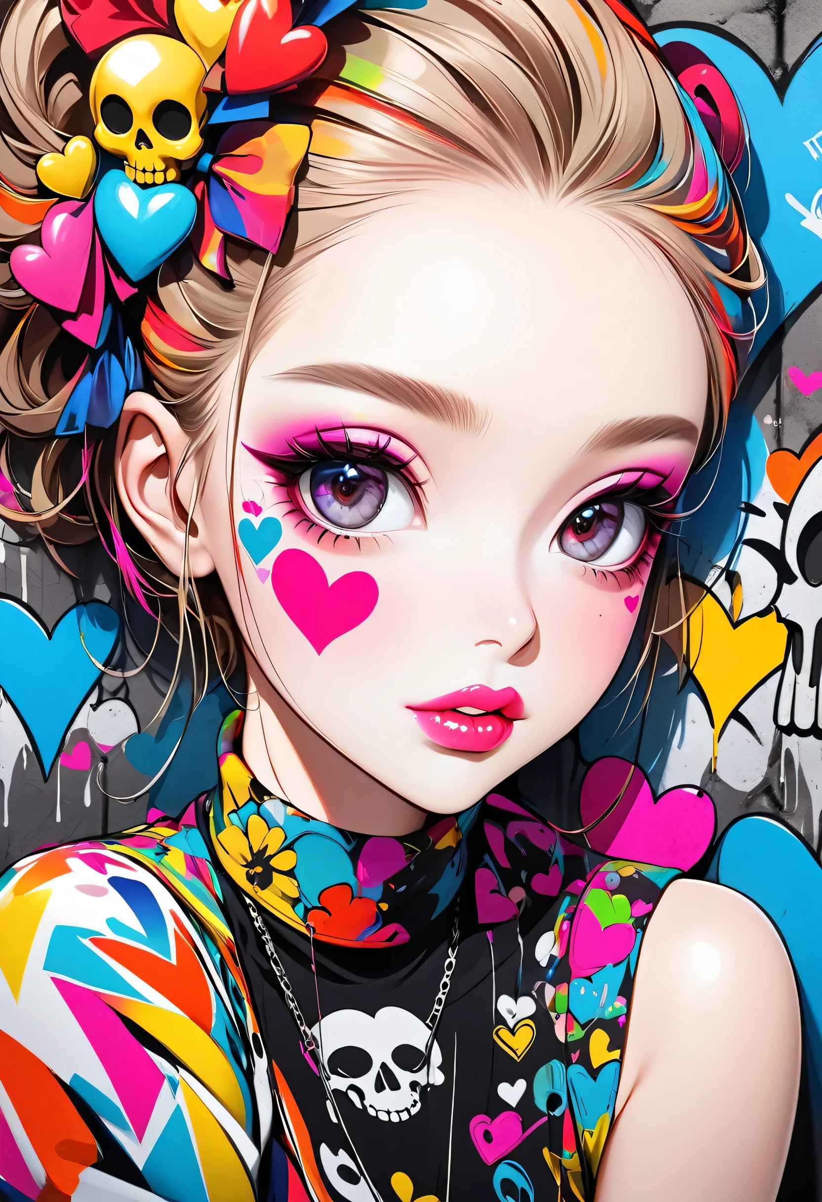 Ultra-realism Micho colorful style, Simple Line Initialism,Abstract art,(((The most beautiful girl of all time))), Sweet face. Lips in love, colorful hearts, stylish design, Summer Skull fashion, Dark Eyes, Graffiti on the wall