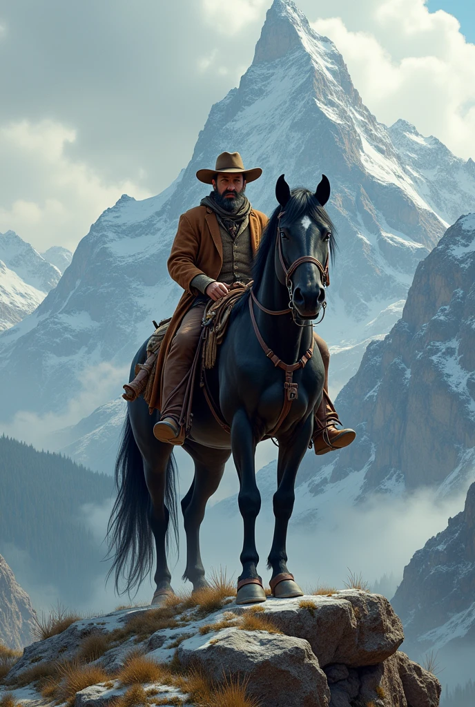 Western hunter man on a black horse standing on the top of the mountain