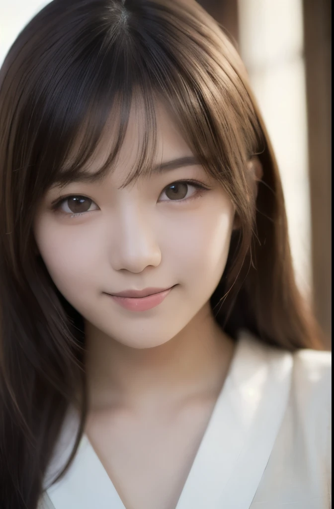 best quality, face focus, soft light, ultra high res, (photorealistic:1.4), RAW photo,(Shinozaki Ai), white skin, kawaii, 1 Japanese girl, solo, cute, (smile), (pupil, lights in the eyes), detailed beautiful face, Medium-sized breasts,(high resolution detail of human skin texture),(long hair),(portrait), upper body, white traditional kimono