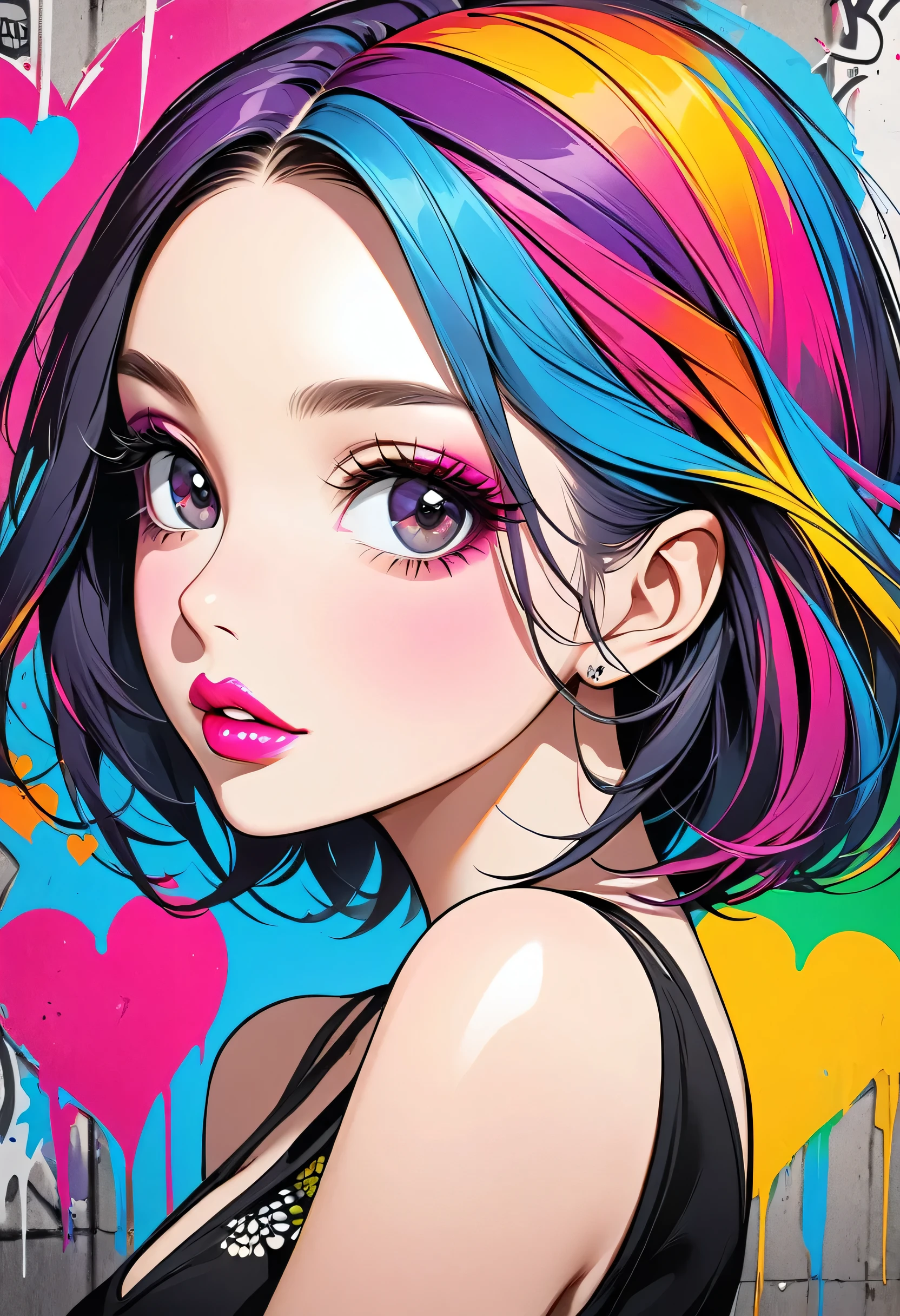 Ultra-realism Micho colorful style, Simple Line Initialism,Abstract art,(((The most beautiful girl of all time))), Sweet face. Lips in love, colorful hearts, stylish design, Summer Skull fashion, Dark Eyes, Graffiti on the wall