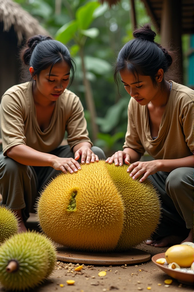 Women peeling skin of raw jackfruit