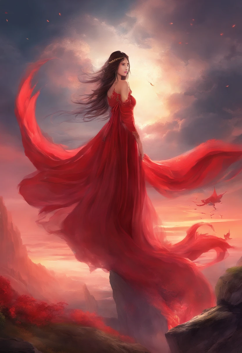 best quality,masterpiece,Ultra-high resolution,(truthfully:4:0),crimson sky,Rock,Chinese female ghost,Long flowing hair,Large Breasts,wearing red, amazing, Off-shoulder dress,graceful steps,long sharp claws.,red mist billowing