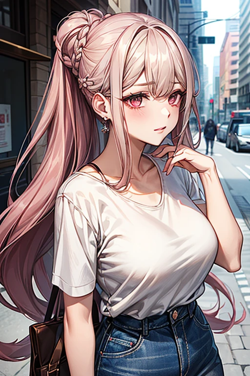 High-quality, ultra-realistic portraits。She has a face that is both cute and pure.、((It has a rounded and gentle contour))。(Eyes are large、Her clear eyes are distinctive、The nose is small and well-formed。Lips in natural color、Modest thickness)。The skin is transparent、Has a healthy glow。Makeup is natural、She uses thin foundation and subtle lip color.。(Vermilion hair、Long Hair、Chignon:1.6)、((Big Breasts、Glamorous figure))、clothing:
- White cotton T-shirt
- Denim shorts
- White sneakers
Accessories:
- A simple silver necklace - Small silver stud earrings - Beige canvas tote bag background:
Cafe terrace in the city、Bright sunshine。The lighting is soft and natural.、Accentuating facial features、Does not emphasize shadows。