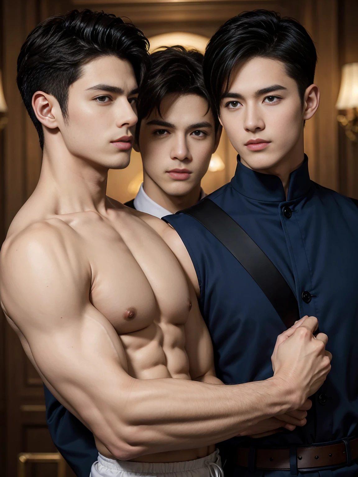 ((masterpiece)),((best quality)),8K,high detail,Very detailed, Very manly,3 men, like,fashion pose, Realistic skin texture, Light,
Royal blue style couple,Perfect hand details