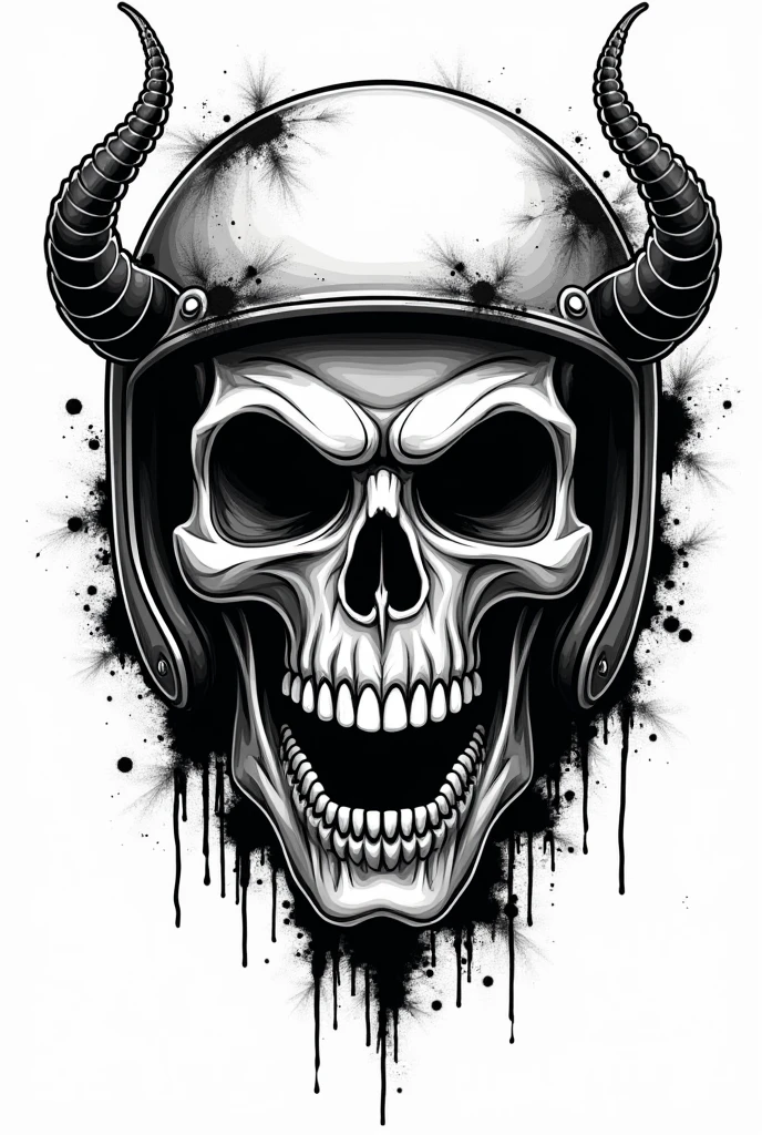 Silly Angry evil Skull in a racing helmet logo, with devil horn, traditional tattoo style, black and white, white background, more trash, deathwish
