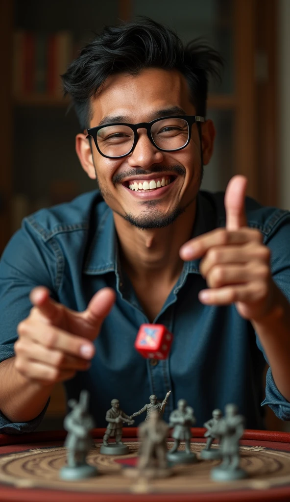 photorealistic, best quality, masterpiece, extremely detailed, front view, extremely handsome, 30 year old indonesian man, muscular build, no facial hair, small glasses, wearing nerdy tshirt, huge smile, stylishly throws dice with one hand while standing, warhammer miniatures on the table, extremely romantic atmosphere, perfect face, perfect fingers, perfect hands, perfection