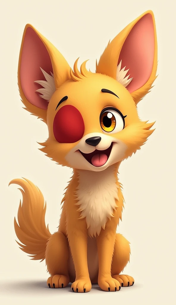 Spot is a very energetic golden retriever with large and fluffy ears, yellow eyes, a large red circle around her left eye on the eyelid, and a larger red hollow circle around it. Her nose is small, black and small, with long fur all over her body, a long tail, and fluffy fur. Her paws are soft and pink.