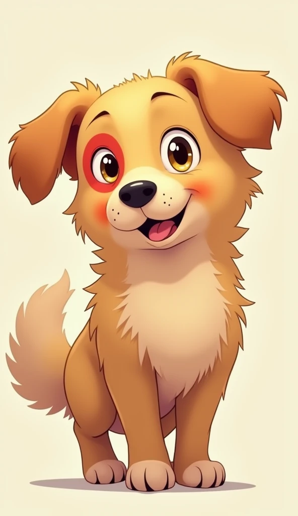 Spot is a very energetic golden retriever with large and fluffy ears, yellow eyes, a large red circle around her left eye on the eyelid, and a larger red hollow circle around it. Her nose is small, black and small, with long fur all over her body, a long tail, and fluffy fur. Her paws are soft and pink.