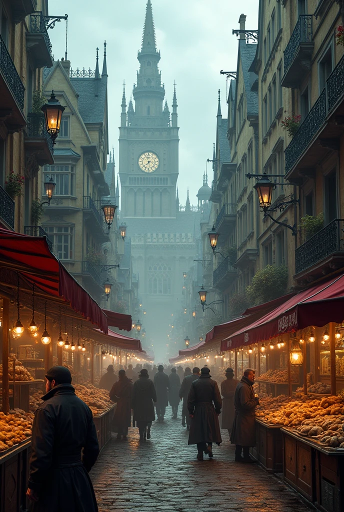A captivating, full-view image of a cityscape reminiscent of Victorian Gothic London, infused with dark-steampunk and French marketplace elements. The background reveals towering buildings adorned with intricate ironwork and gothic architecture. The streets are bustling with people, showcasing a lively French market, complete with fresh bread, cheese, and warm beverages. The overall atmosphere is a blend of historical fantasy and the eerie, supernatural ambiance of Bloodborne, creating a unique and immersive cityscape.