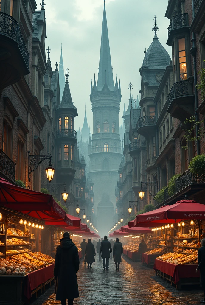 A captivating, full-view image of a cityscape reminiscent of Victorian Gothic London, infused with dark-steampunk and French marketplace elements. The background reveals towering buildings adorned with intricate ironwork and gothic architecture. The streets are bustling with people, showcasing a lively French market, complete with fresh bread, cheese, and warm beverages. The overall atmosphere is a blend of historical fantasy and the eerie, supernatural ambiance of Bloodborne, creating a unique and immersive cityscape.