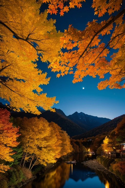 Mountain、autumn leaves、night