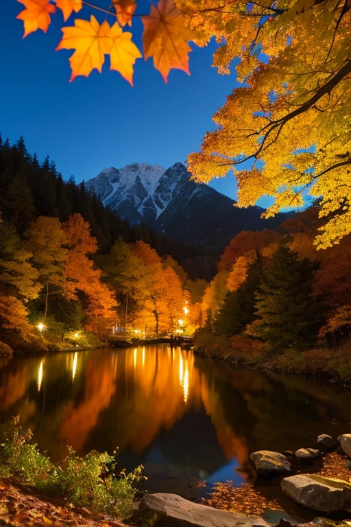 Mountain、autumn leaves、night