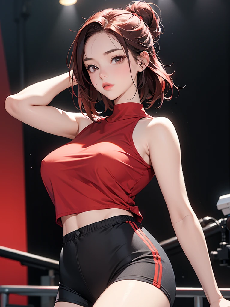 A fit young woman in her 20s. wearing a red sports top and black cycling shorts. She has shoulder-length straight red hair. no background. on the stage. 카메라를 바라본다
huge boobs.