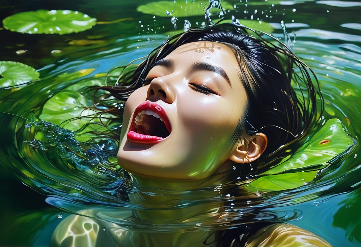 Painting of woman drowning in water, face almost under water, water flowing into open mouth, green algae wrapped around head, inspired by Yanjun Cheng, hyperrealistic painting, realistic illustrative painting, ultra realistic oil painting, photorealistic painting, hyperrealistic digital painting, hyperrealistic oil painting, hyperrealistic oil painting, hyperrealistic oil painting, hyperrealistic oil painting, realistic oil painting, hyperrealistic oil painting, diego dayer, ultra realistic oil painting