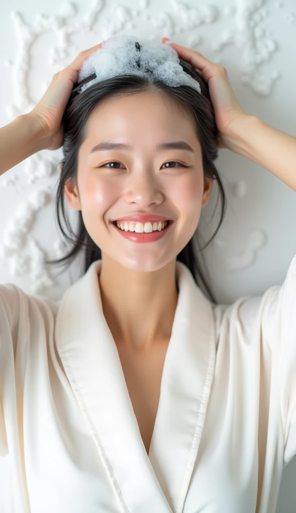 Create an Asian beauty，Regular facial features，Wearing a white satin bathrobe，Scratch your scalp with both hands，Two hands washing hair on top of head，There is a lot of foam and water on the head，Foam wrap head，Real bubbles，Open your eyes，The expression is happy，Upper Body，The characters are realistic and realistic，Pure white background，Character front position，9:16 frames，Ultra-high-definition picture quality