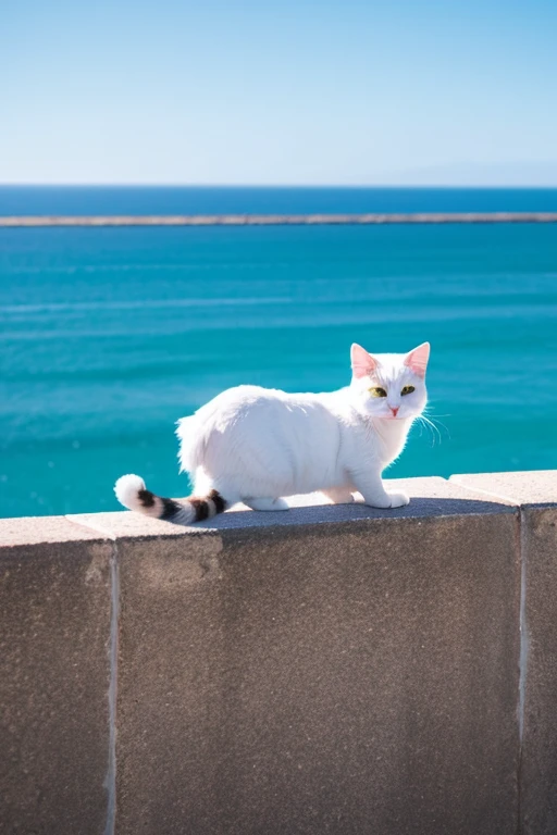 Cat、Jump、On top of the wall by the sea、sun、Blue sky、
