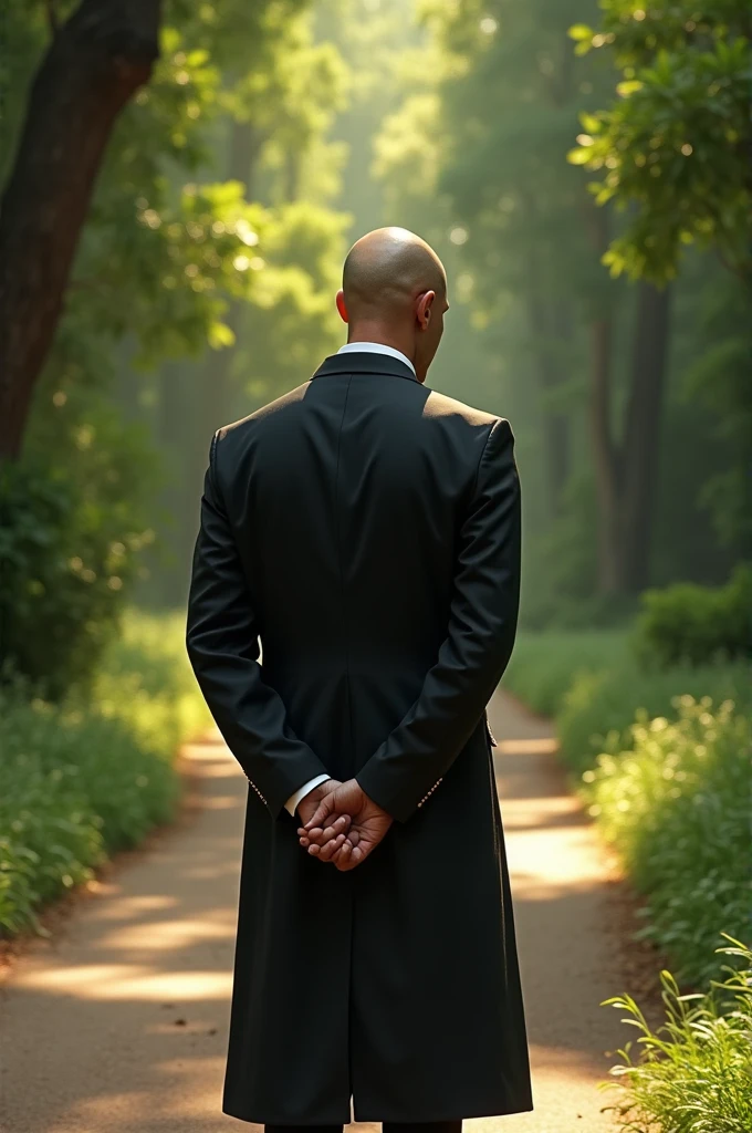 Bald Man, facing right, hands folded behind his back, walking down a path. 