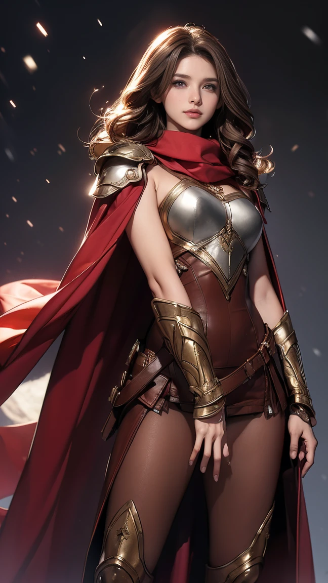 ((Highest quality,4K,High resolution,masterpiece:1.2)),((Character Concept Art)), 1 female, 20-year-old women, ((Shoulder-length brown hair、Hair curled loosely inwards)), (Skin as white as snow), Very detailed eyes (Brown Eye Color), have confidence, beautiful, slim body build, Big Breasts、((Intricate details)), Very finely crafted needles, Very finely crafted fingers(((10 fingers))),(Full-body showcase), (Show whole body),A shy smile、portrait of a woman warrior, rpg portrait concept art, (beautiful warrior, holding short sword and small shield, Wearing a red scarf, leather armor), movie poster, large "INFINITY" written at bottom of screen,