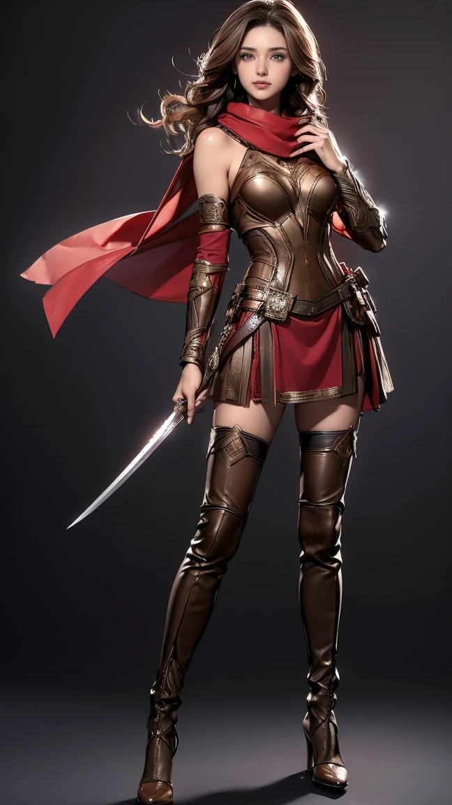 ((Highest quality,4K,High resolution,masterpiece:1.2)),((Character Concept Art)), 1 female, 20-year-old women, ((Shoulder-length brown hair、Hair curled loosely inwards)), (Skin as white as snow), Very detailed eyes (Brown Eye Color), have confidence, beautiful, slim body build, Big Breasts、((Intricate details)), Very finely crafted needles, Very finely crafted fingers(((10 fingers))),(Full-body showcase), (Show whole body),A shy smile、portrait of a woman warrior, rpg portrait concept art, (beautiful warrior, holding short sword and small shield, Wearing a red scarf, leather armor), movie poster, large "INFINITY" written at bottom of screen,