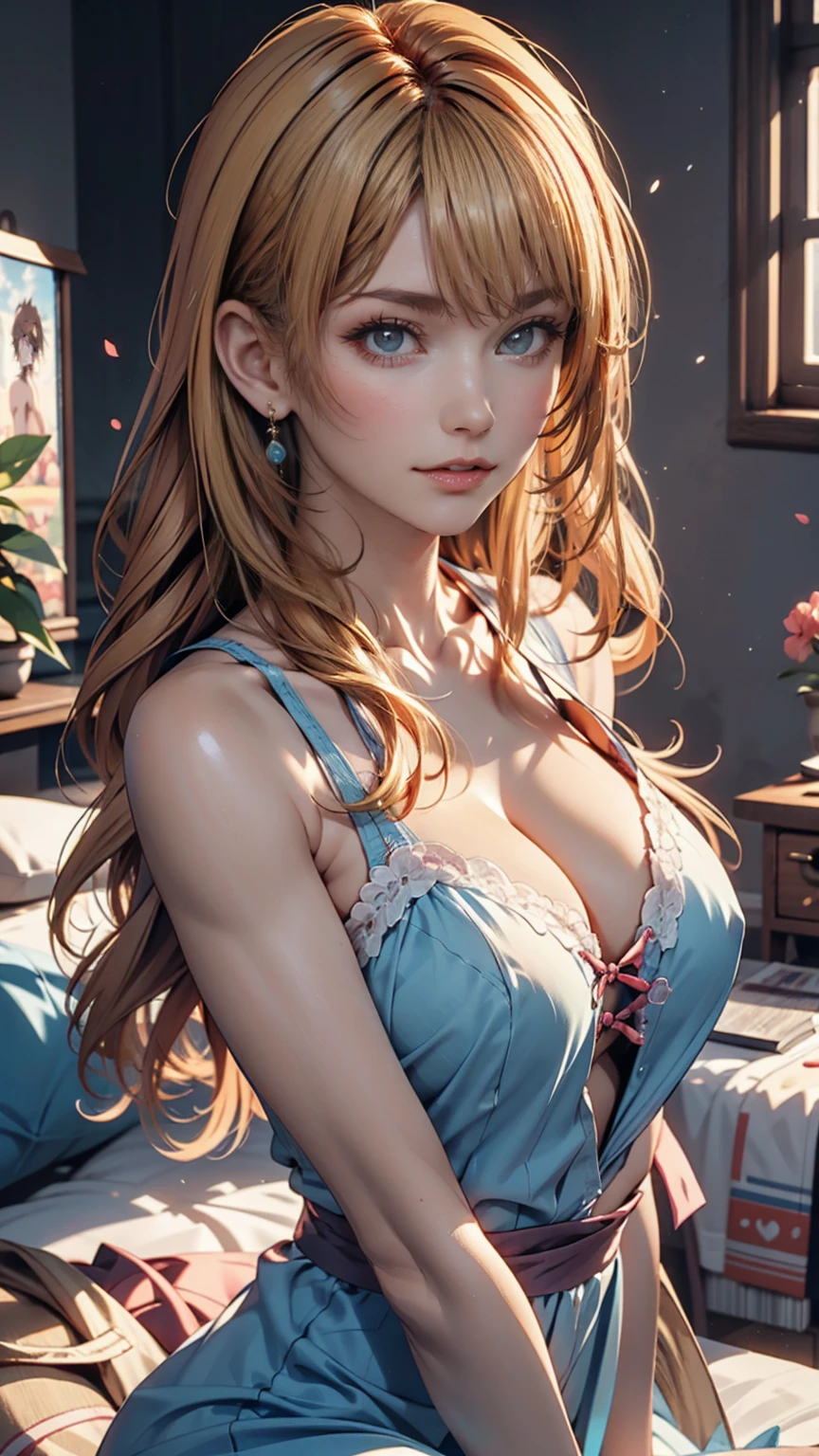 A blonde woman with long hair and a blue dress is posing for a photo, Realistic anime art style, Photorealistic anime girl rendering, Smooth anime CG art, Anime realism style, Realistic art style, realistic young anime, Gorgeous digital painting, Realistic Anime 3D Style, Beautiful anime portraits, Realistic anime art style, Close-up character portraits, 3D Anime Real, Anime style portrait