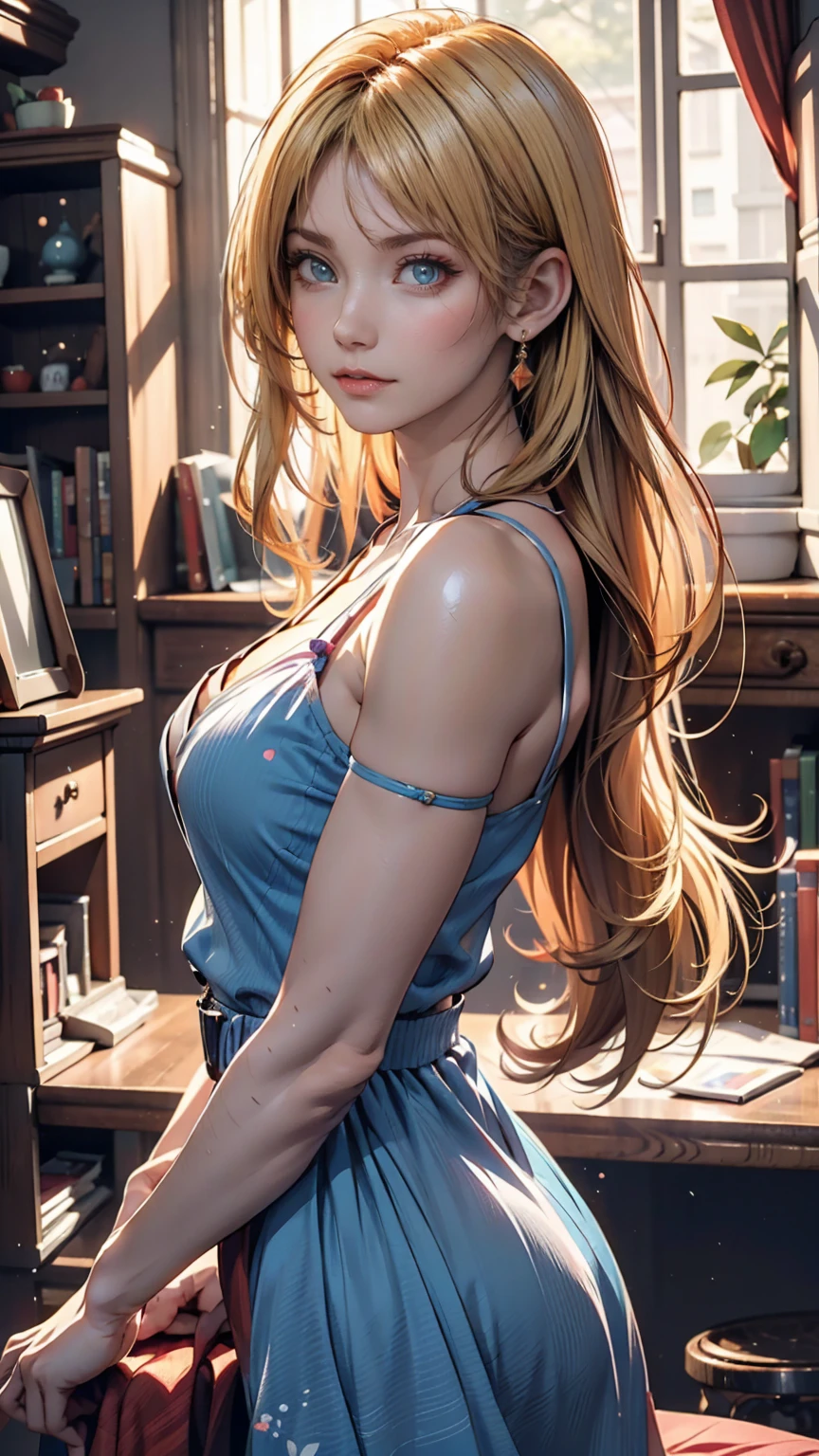 A blonde woman with long hair and a blue dress is posing for a photo, Realistic anime art style, Photorealistic anime girl rendering, Smooth anime CG art, Anime realism style, Realistic art style, realistic young anime, Gorgeous digital painting, Realistic Anime 3D Style, Beautiful anime portraits, Realistic anime art style, Close-up character portraits, 3D Anime Real, Anime style portrait