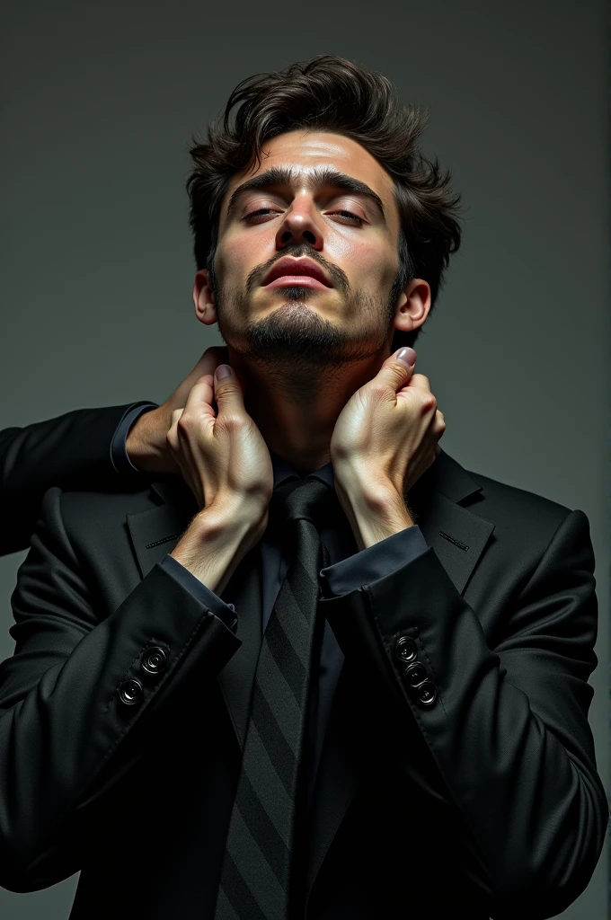 the tie is tied very tightly, to the point of suffocation, two strong and wet male hands on the thin throat, sweaty and handsome young man, beardless and makeup-free, his face feels suffocated, he is wearing a glossy black suit