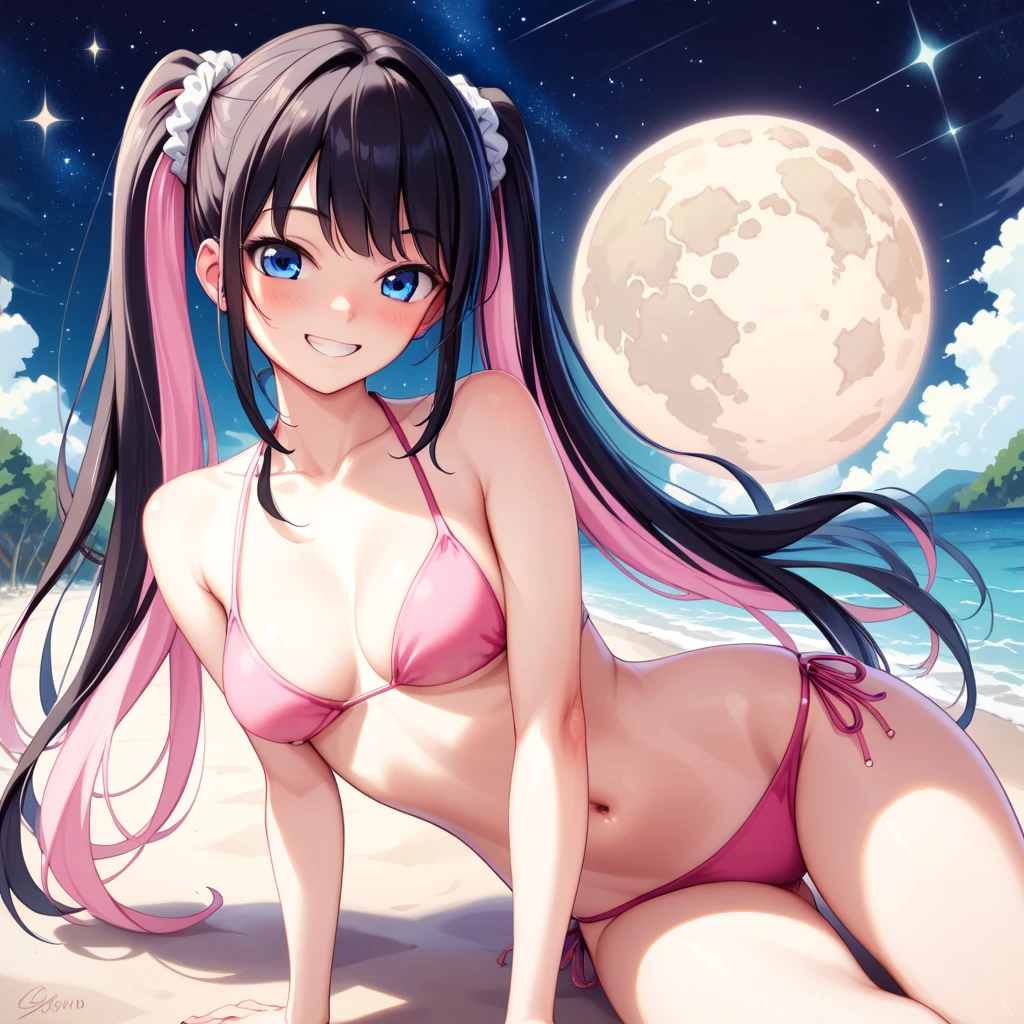 、moon、Starry Sky、firework、Ocean、Sandy Beach、(Realistic Shadows)straight-on、breast focus、Twin tails、White scrunchie、Long Hair、(colored inner hair　black hair + pink inner hair)、Blue eyes、、medium breasts、stylish pose、smile、A good wink(Drunk:1.2)head tiltskinny　、slim wais、 pink bikini