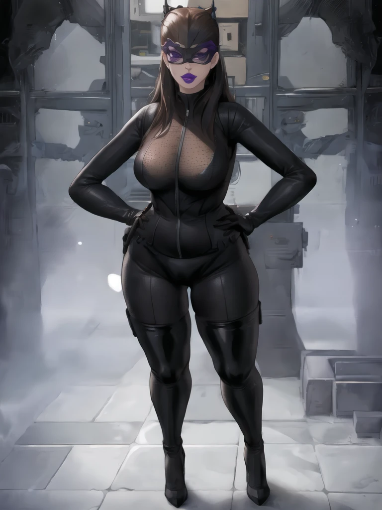 Bowei, catwoman, selina kyle, 1girl, full body, skinny body, skinny thighs, bodysuit, detail eyes, mask , solo, long hair, lips, black hair, black hair, black bodysuit , looking at viewer, simple background, gloves, black background, mole under mouth, eyeshadow, hands on hips, black bodysuit,leather, latex, purple lips, 8k detailed,