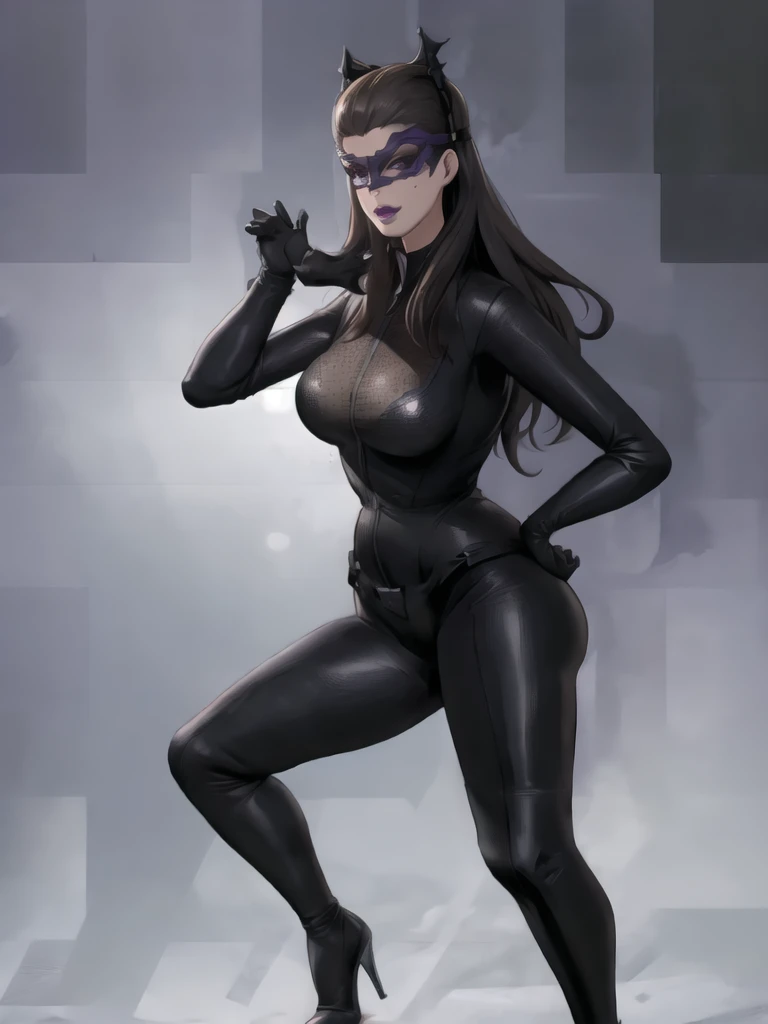 Bowei, catwoman, selina kyle, 1girl, full body, skinny body, skinny thighs, bodysuit, detail eyes, mask , solo, long hair, lips, black hair, black hair, black bodysuit , looking at viewer, simple background, gloves, black background, mole under mouth, eyeshadow, hands on hips, black bodysuit,leather, latex, purple lips, 8k detailed,