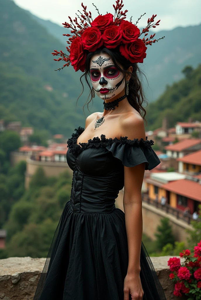 centre composition. subject low in picture. Dias de los Muertos revealing La Catrina costume. alluring sexy sensual woman wearing Day Of The Dead face make-up, standing on high dam top above mexico village. vintage photograph. 8k cinematic. hyper-realistic. 