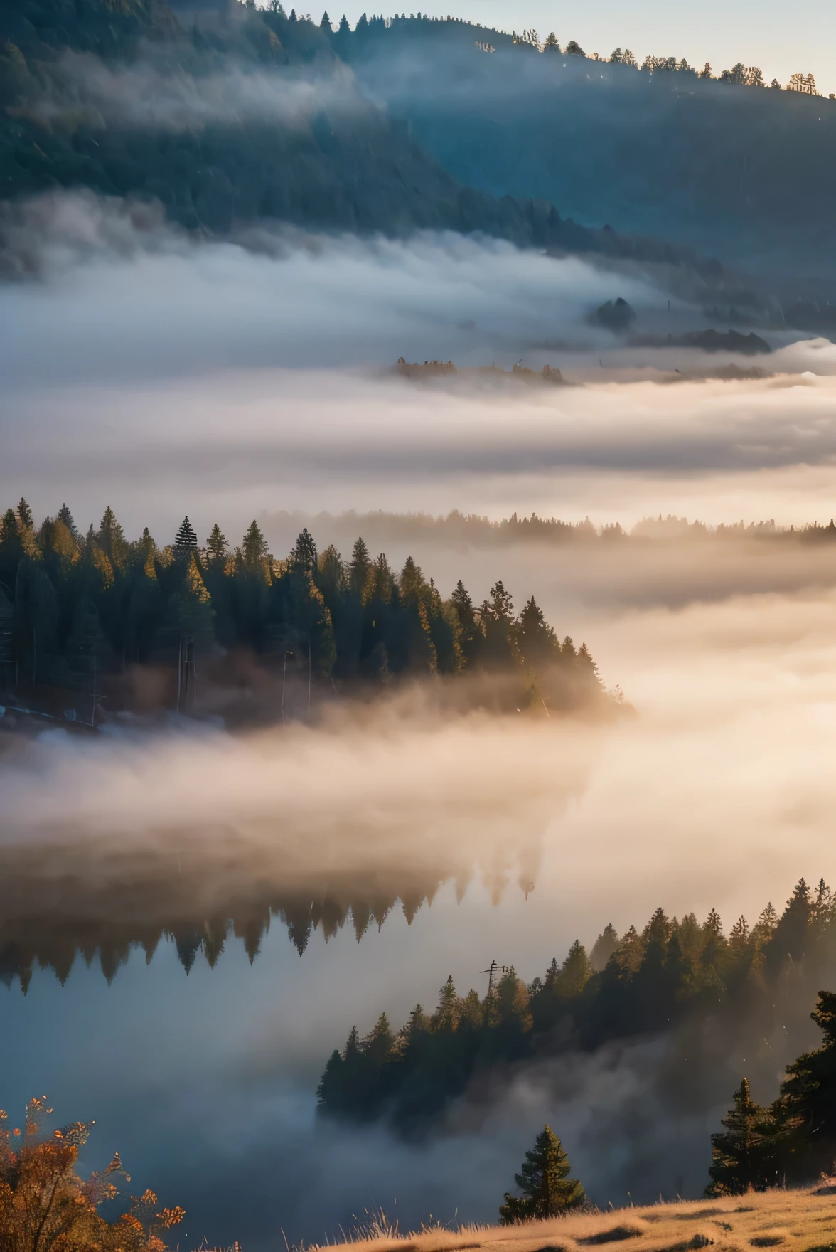 The King's Lake is shrouded in mist in the beautiful morning light，There is a thin mist on the mountainside，Photography Masterpieces，The light and shadow effects are extraordinary，4k HD