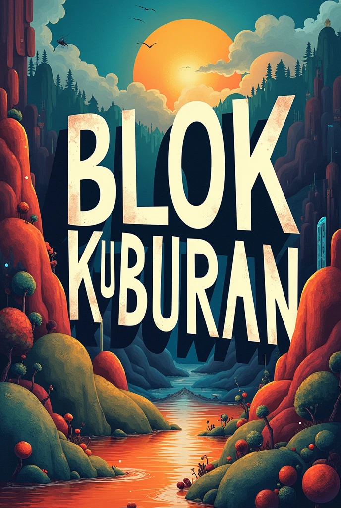 Create a poster that says BLOK KUBURAN with an ART Style scenery
