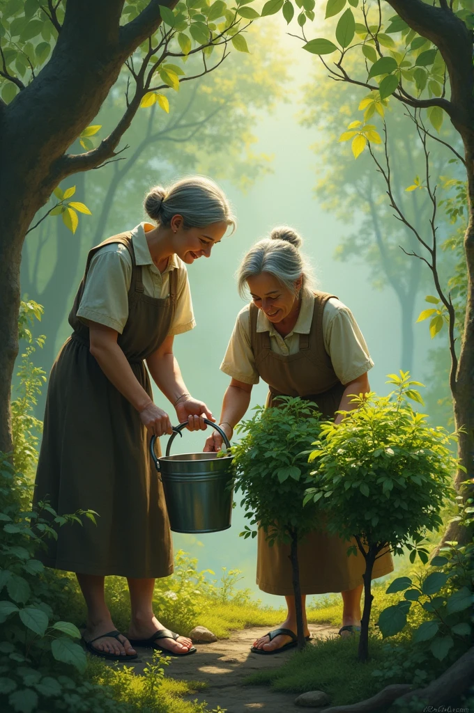Old woman and her daughter give a bucket of water to 2 bushes in the forest