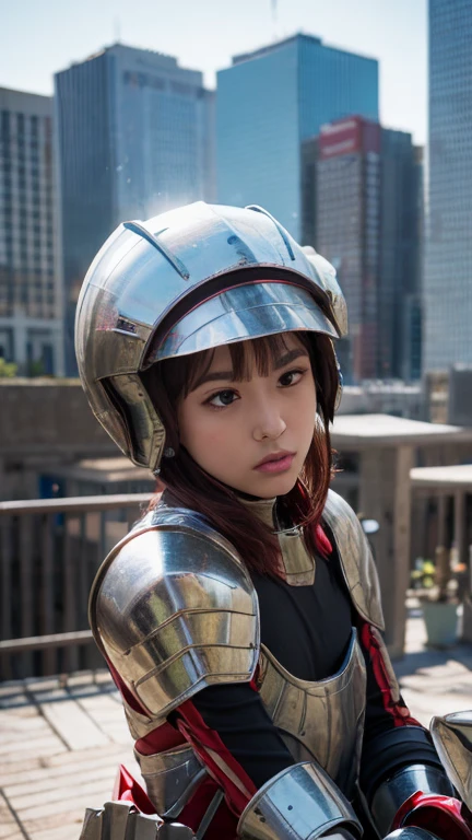 Armored Warrior, bustling city, (Inspired by the Avengers), Armor set, Sitting, (8k, original photo, Realistic: 1, 25), (Lots of lip gloss, Lots of eyelashes, better quality, Ultra-high resolution, Depth of Field, Chromatic Aberration, wide light, natural kohl, distant image (1:2)