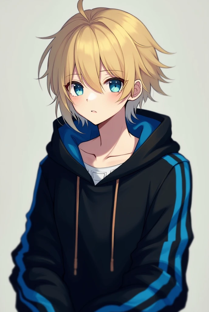 Cute hot boy light yellow hair soft, blue eyes, emo, medium hair, wearing a black hoodie with blue strips