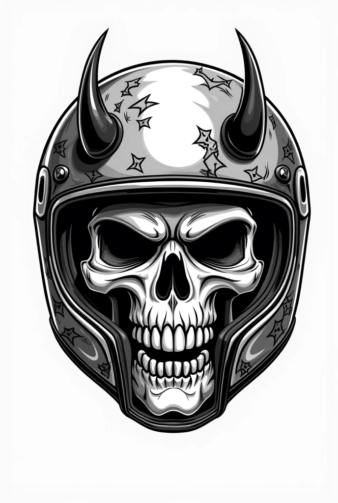Silly Angry evil Skull in a racing helmet logo, with devil horn, traditional tattoo style, black and white, white background, hardcore, deathwish