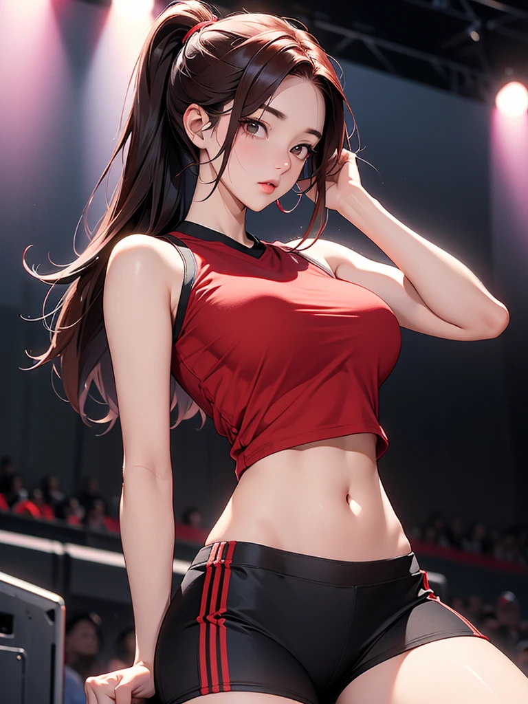 A fit young woman in her 20s. wearing a red sports top and black cycling shorts. She has shoulder-length straight red hair. no background. on the stage. 카메라를 바라본다
huge boobs.