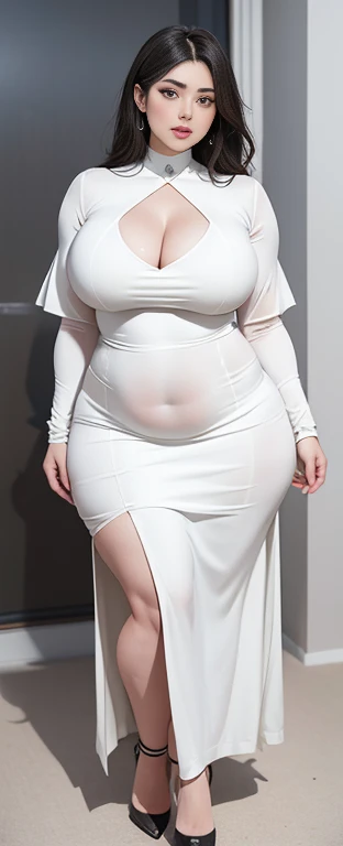 with a fat belly and thick thighs, full body photo, 30-year-old mature woman, thick ass, thick neck, Big breasts, big eyes, A plump woman wearing the longest dress