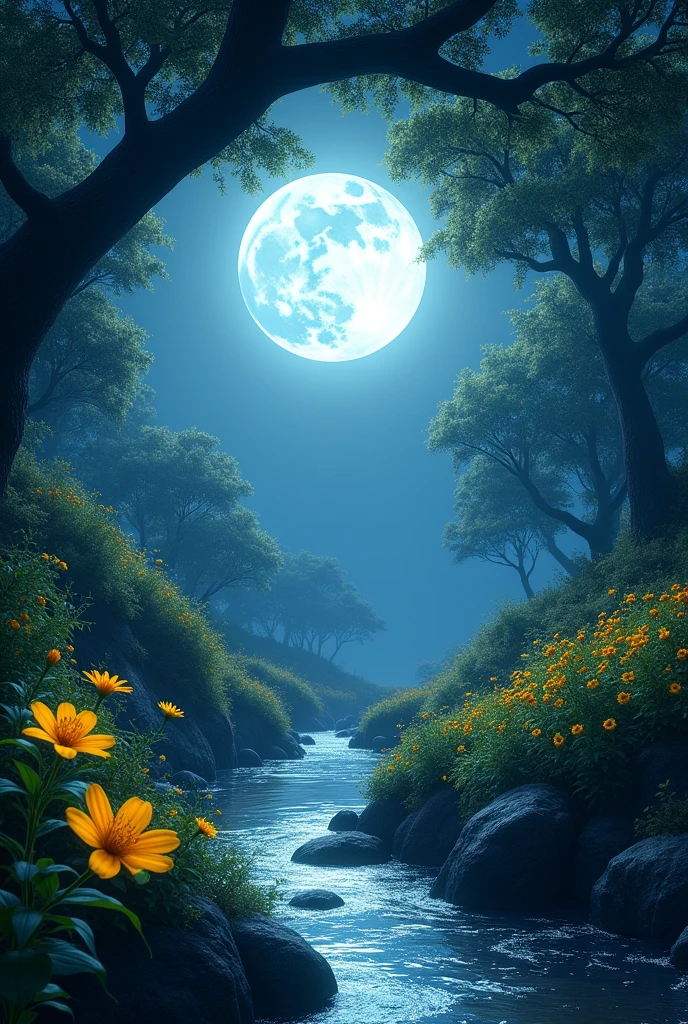 A full moon, large and prominent in the sky, with water flowing in front of it, creating a nighttime scene.Greeno tree and beautiful yellow flowers are reaching out in front of the moon.
