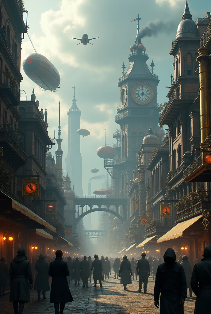 A scenery of a city landscape in Steampunk style with cloudy skies and all the themes that that style entails
