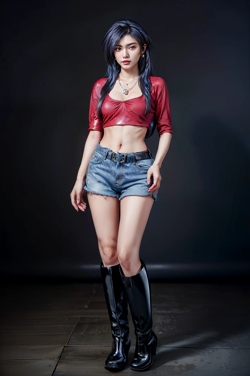 (RAW shooting, Photoreal:1.5, 8k, highest quality, masterpiece, ultra high resolution), perfect dynamic composition:1.2, Highly detailed skin and facial textures:1.2, 1girl:1, asian girl:1,Glamourous female, beautiful and aesthetic:1.2, sexy beauty, perfect style, belief, Strong-willed, revenge, Fair skin, very beautiful face, (large breast:1.4, Chest gap:1.4), (wearing a sexy casual fashion:1.2), (beautiful eyes, Eyes that feel beautiful eros:1.0), (Too erotic:0.9, Bewitching:0.9), (full body photo:2), (perfect limbs:1.2), (perfect fingers:1.2),(red shirt, earrings:2, necklace:2,denim shorts:2, short sleeves:1.4,dark blue hair:1.4, long hair,latex knee boots,belt:2, navel,Mio Serizawa:1.4),(simple background:1),(standing:2),
